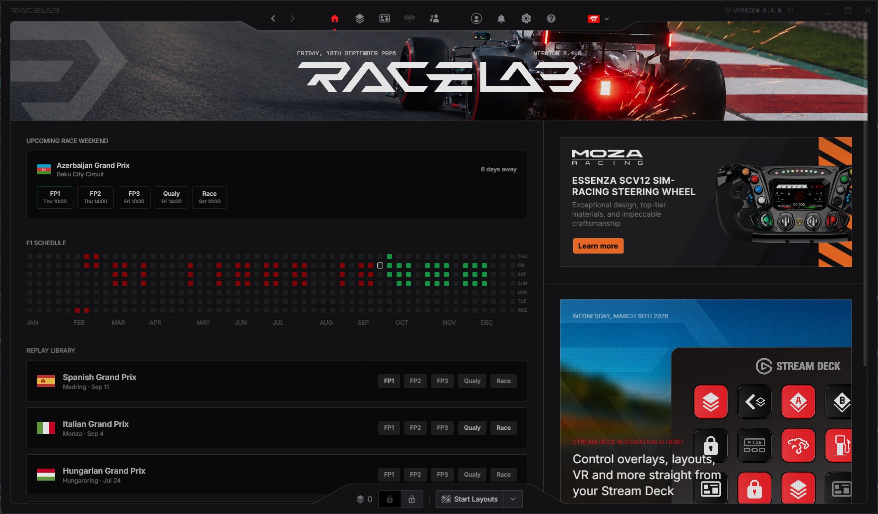 RaceLab dashboard in F1 Broadcast mode showing the upcoming race weekend with its session times, the season calendar and the replay library