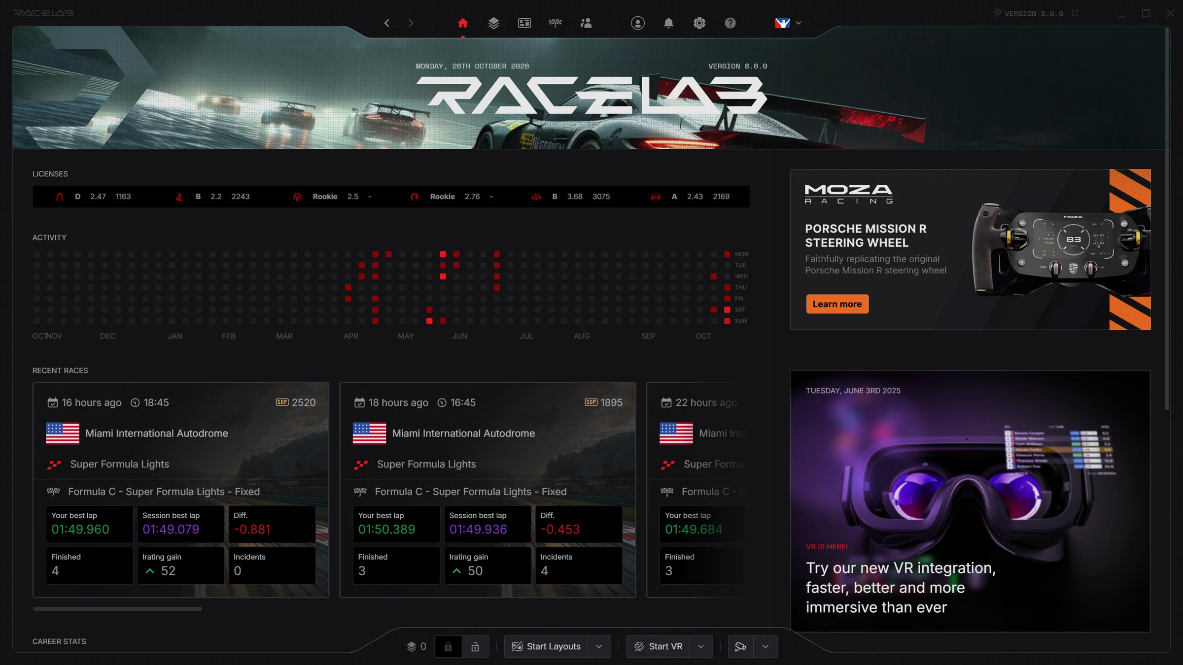 The RaceLab dashboard with licenses, an activity heatmap and recent races
