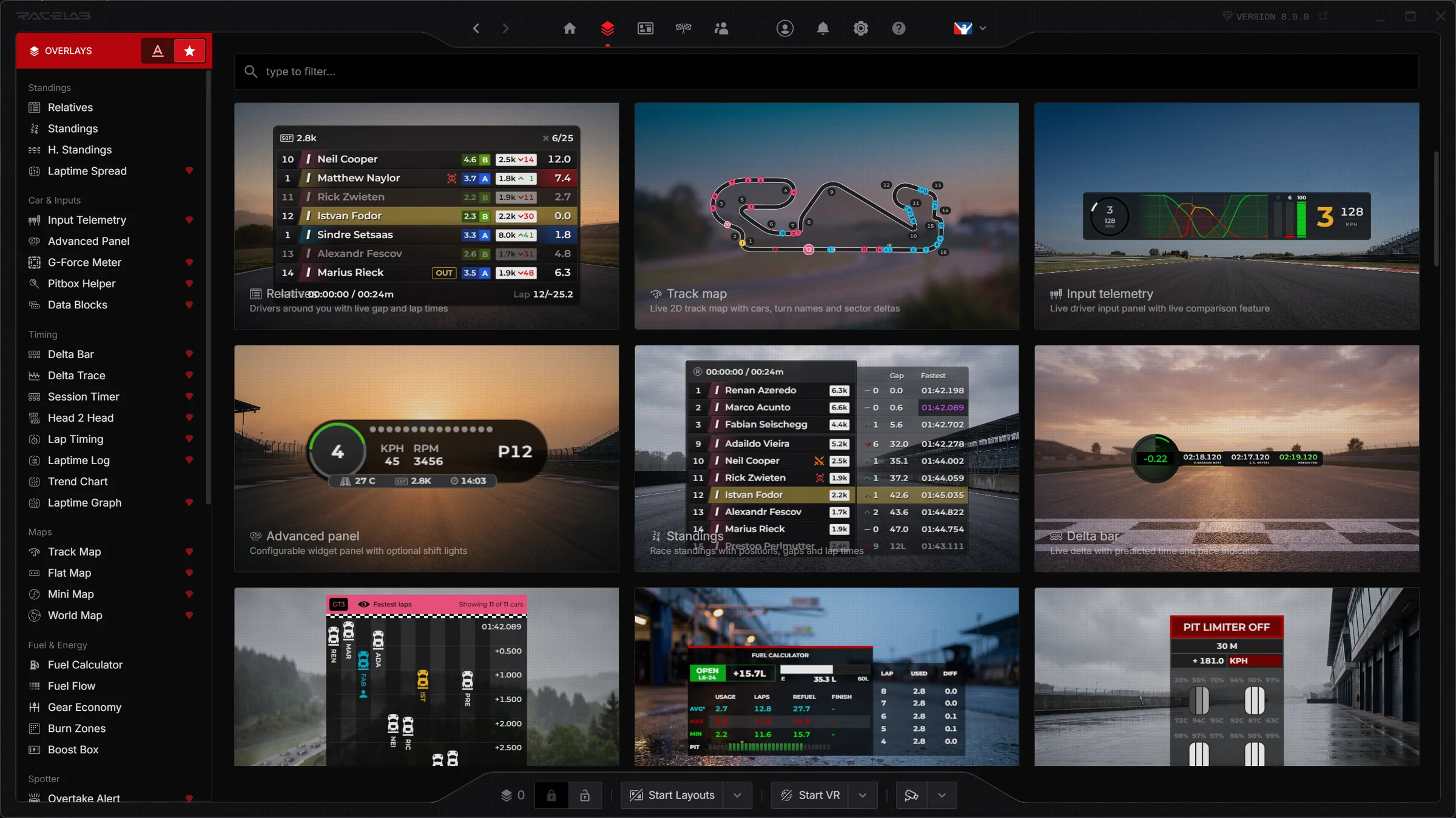 The RaceLab overlays page: the overlay list grouped by category, a filter field and previews of each overlay