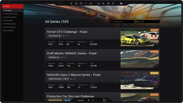 RaceLab's series browser: every iRacing series in one list, each with its average and top strength of field, incidents, drivers per race and starts